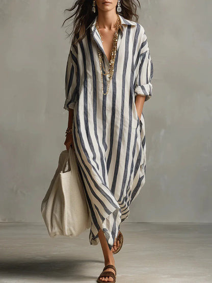 Amaris Loose Linen Cotton Striped Maxi Dress - Casual 3/4 Sleeve Shirt Dress