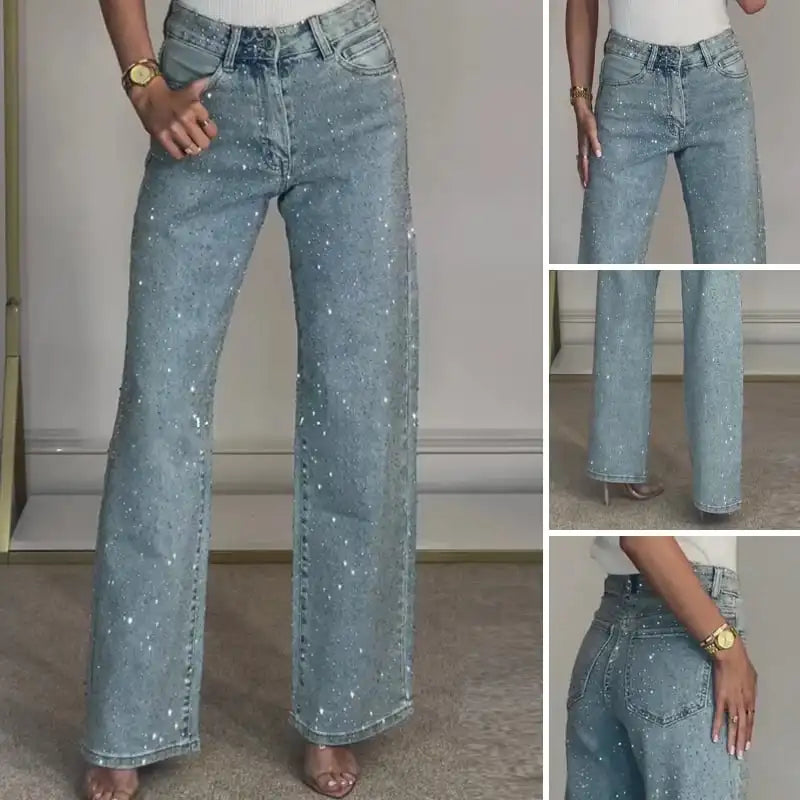 High Waisted Diamanté Straight Leg Jeans - Seldom Seen Styles