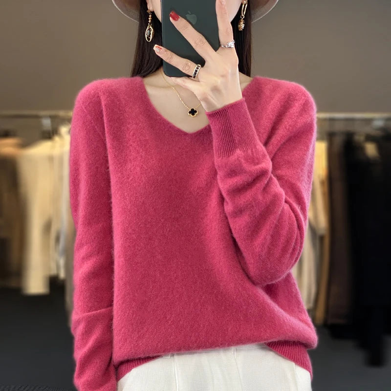 Merino Wool Women's Autumn And Winter Solid Color V-Neck Long-Sleeved Loose Knitted Sweater