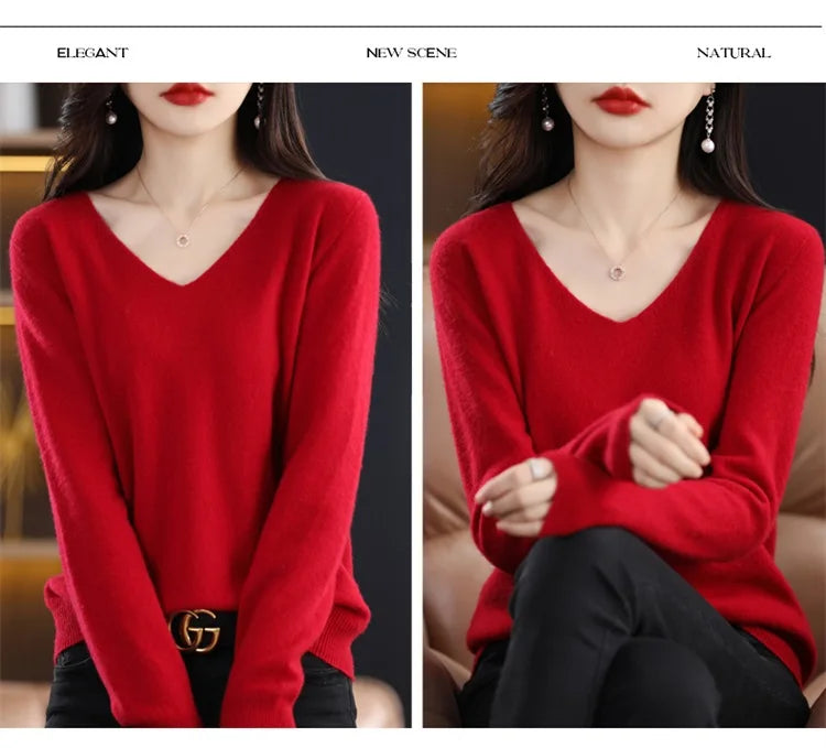 Merino Wool Women's Autumn And Winter Solid Color V-Neck Long-Sleeved Loose Knitted Sweater