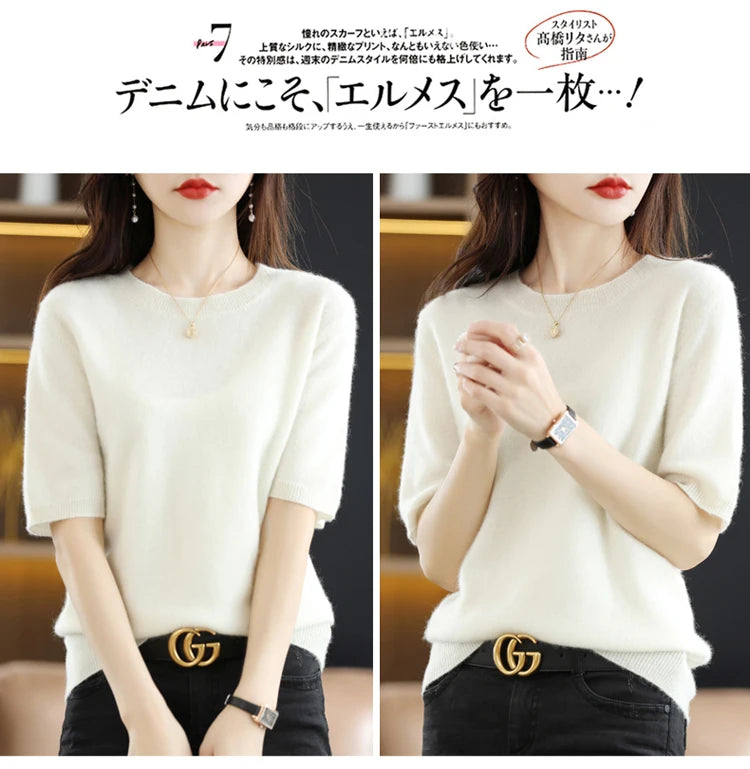 Spring and Summer New Short-sleeved Women O-neck Slim Wool Cotton Blend Pullover Vest T-shirt Knitted Base Sweater