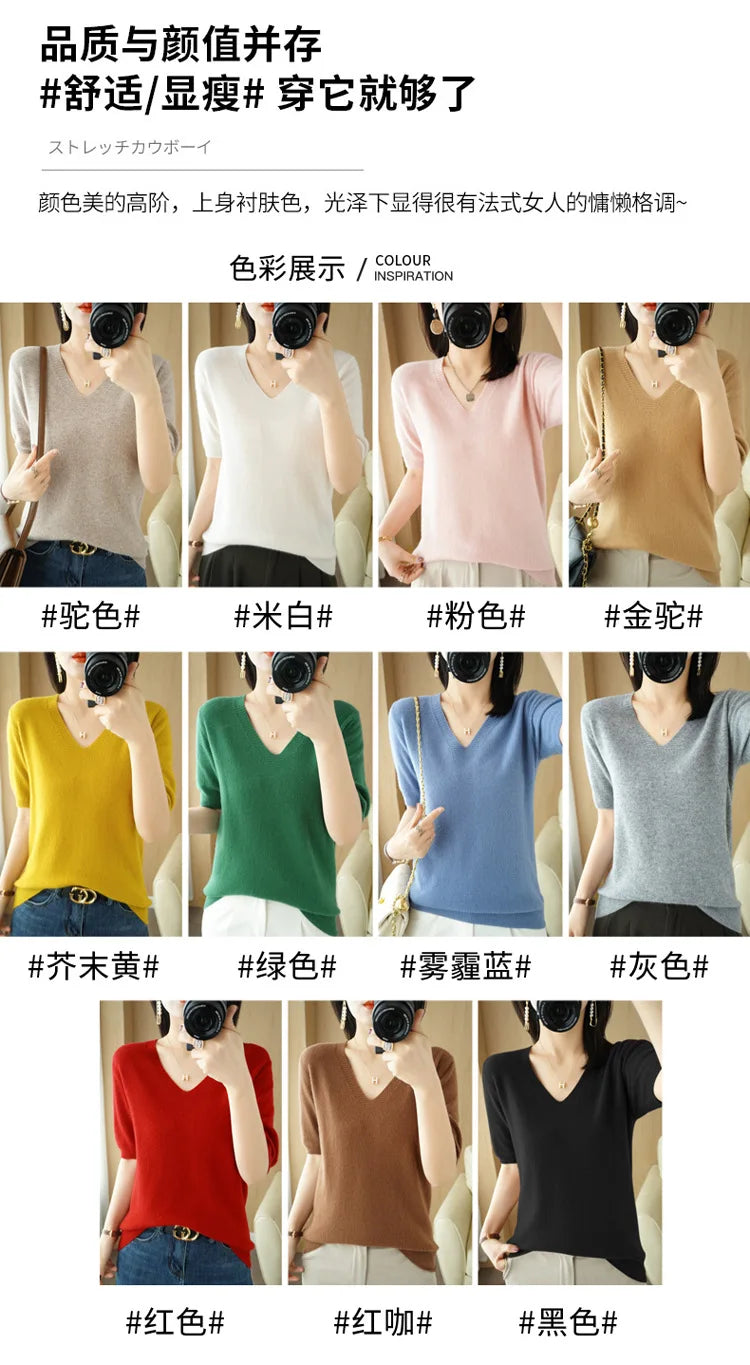 Spring/Summer 2022 Ladies Sweater Pullover Solid Color V-neck Half-sleeved Knitted Cashmere Sweater Thin Casual Top