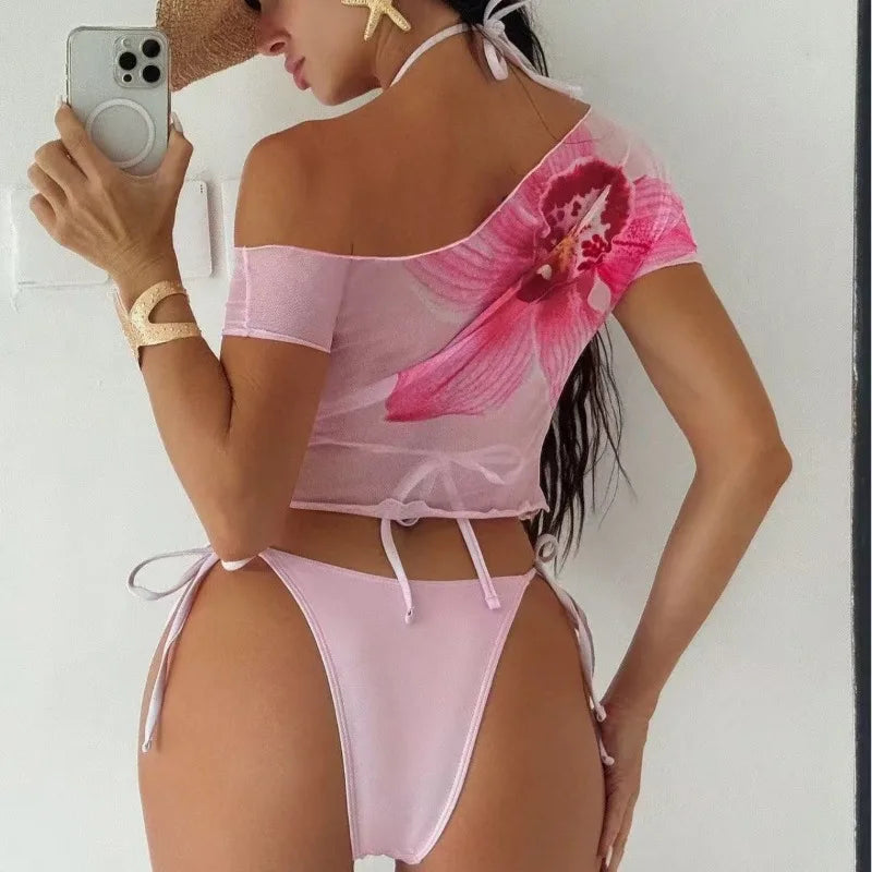 Cyflymder  Women Three Piece Bikini Set Vintage Floral Print Lace Up Micro Bikini Mesh Short Sleeve Tops Cover-Up Beach Pool Party Swimsuit - Seldom Seen Styles