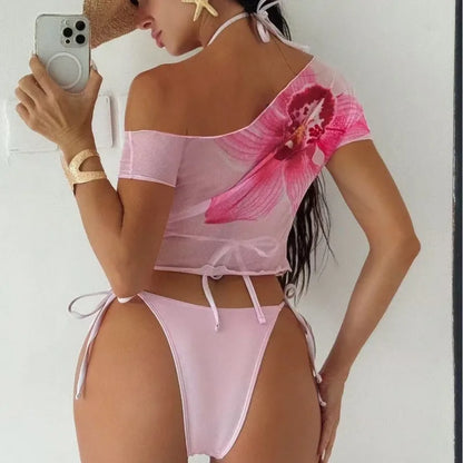 Cyflymder  Women Three Piece Bikini Set Vintage Floral Print Lace Up Micro Bikini Mesh Short Sleeve Tops Cover-Up Beach Pool Party Swimsuit