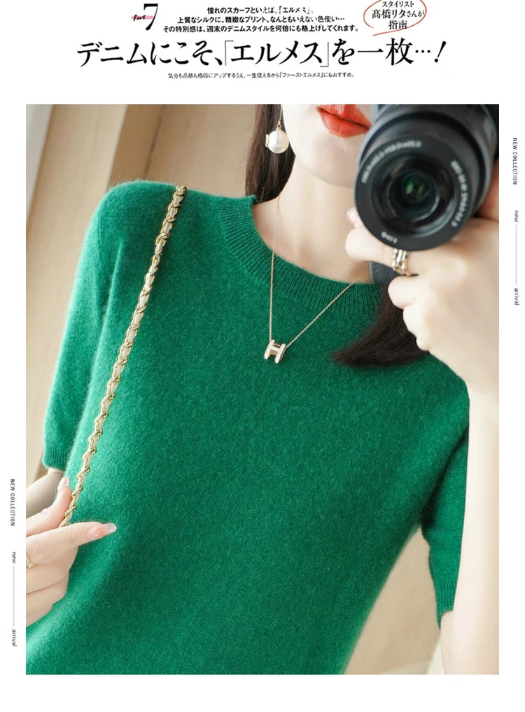 Spring and Summer New Short-sleeved Women O-neck Slim Wool Cotton Blend Pullover Vest T-shirt Knitted Base Sweater