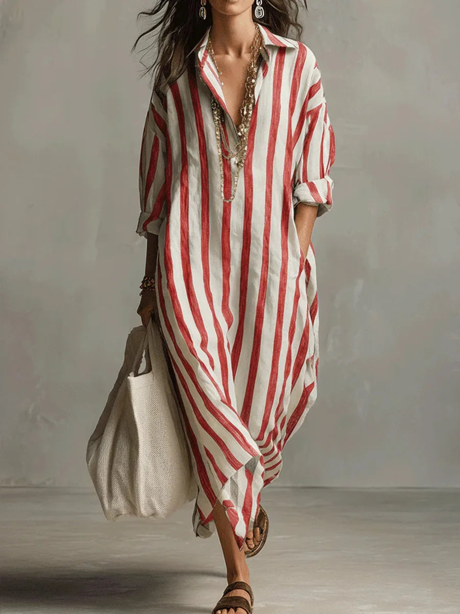 Amaris Loose Linen Cotton Striped Maxi Dress - Casual 3/4 Sleeve Shirt Dress - Seldom Seen Styles