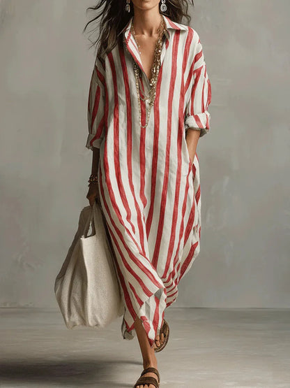 Amaris Loose Linen Cotton Striped Maxi Dress - Casual 3/4 Sleeve Shirt Dress