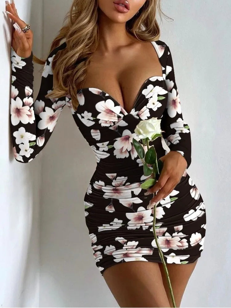 Printed Mini DressWomen's Floral Bodycon Mini Dress Long Sleeve Sexy Deep V Party Club Dress - Seldom Seen Styles
