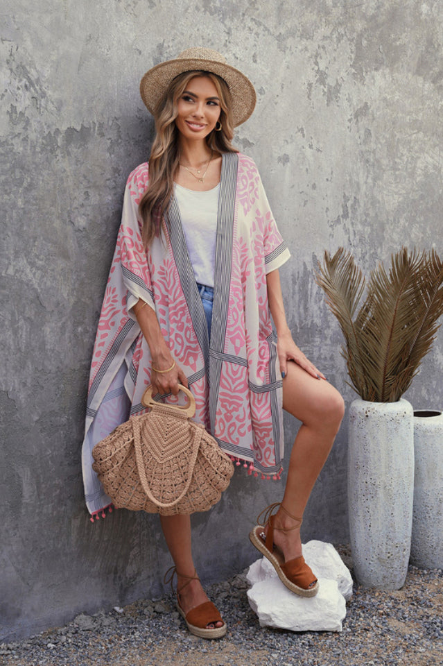Seaside Resort Cardigan Printed Pompom Kimono - Seldom Seen Styles