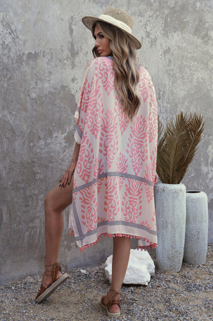 Cardigan imprimé kimono à pompons "Station balnéaire"