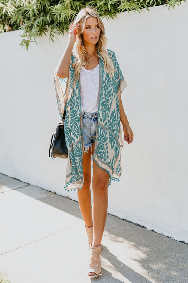 Seaside Resort Cardigan Printed Pompom Kimono - Seldom Seen Styles