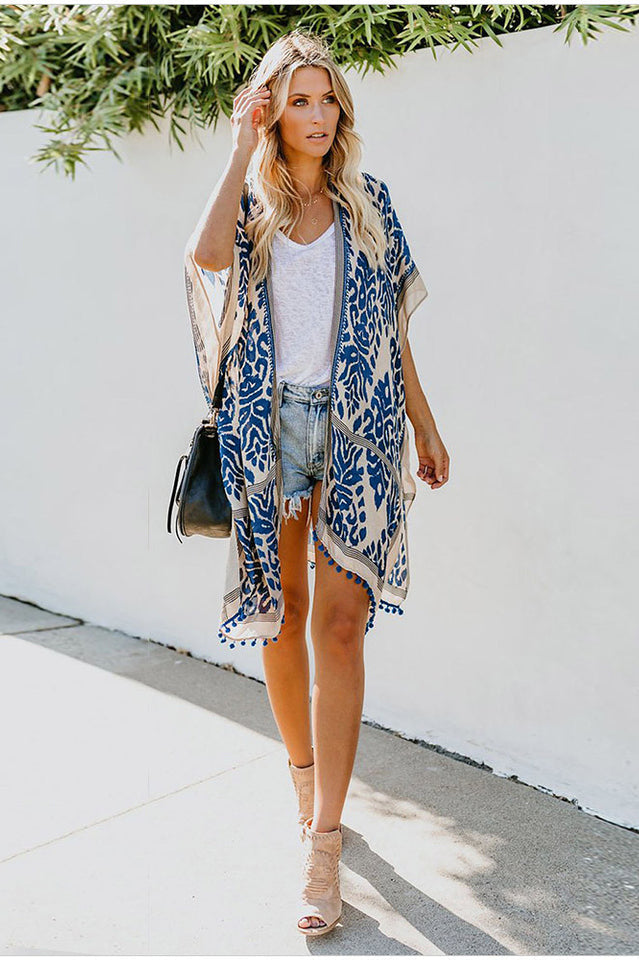 Seaside Resort Cardigan Printed Pompom Kimono - Seldom Seen Styles