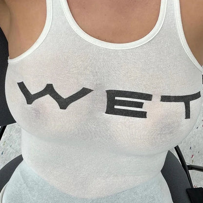 Women's Sheer Racerback Tank Top Letter Print Y2K Slim Fit Summer Vest