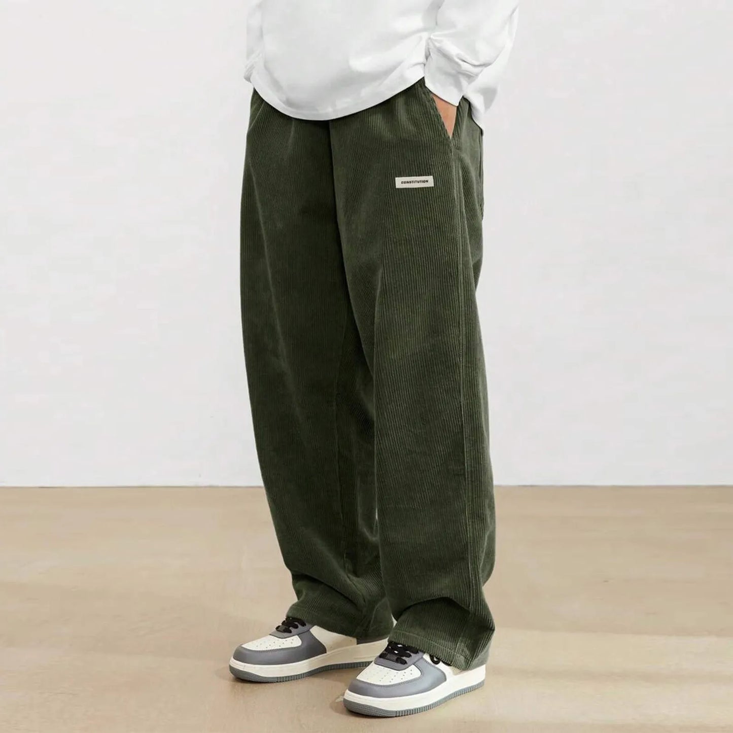 Men's Corduroy Pants Casual Drawstring Elastic Waist Straight Leg Sweatpants with Pockets