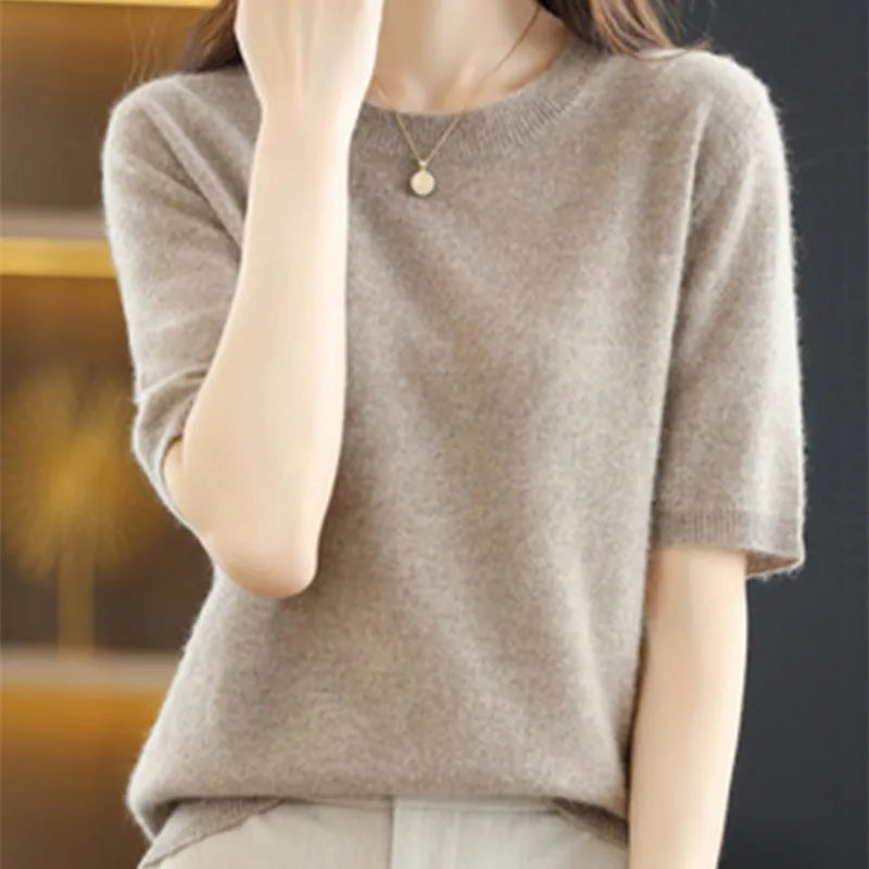 Spring and Summer New Short-sleeved Women O-neck Slim Wool Cotton Blend Pullover Vest T-shirt Knitted Base Sweater