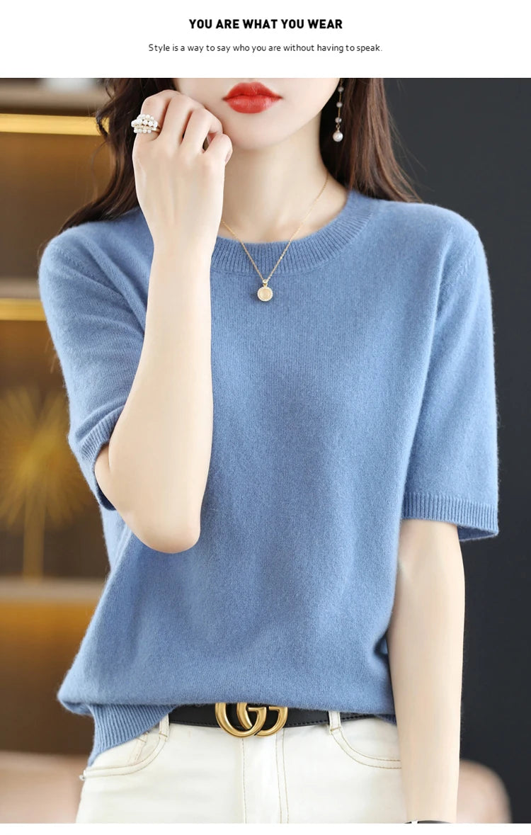 Spring and Summer New Short-sleeved Women O-neck Slim Wool Cotton Blend Pullover Vest T-shirt Knitted Base Sweater