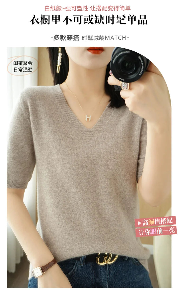 Spring/Summer 2022 Ladies Sweater Pullover Solid Color V-neck Half-sleeved Knitted Cashmere Sweater Thin Casual Top