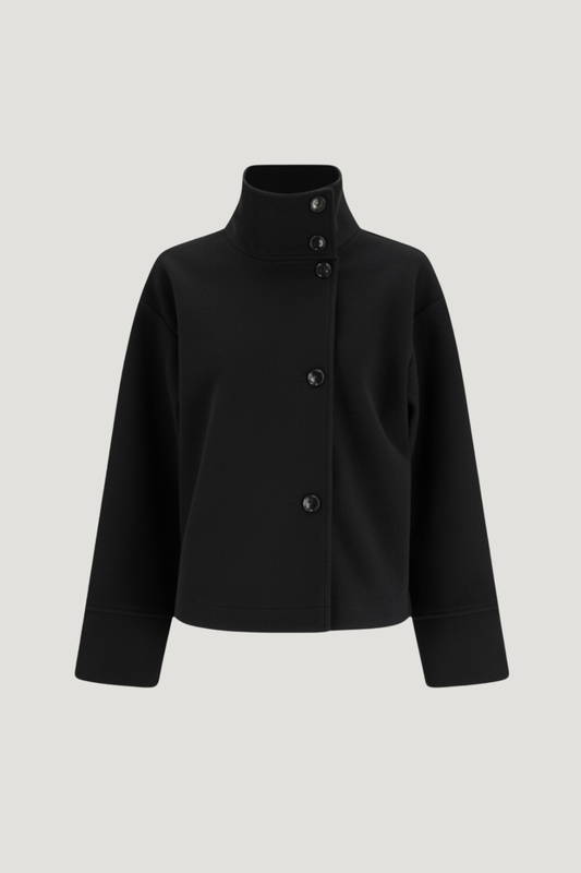 Black high-neck jacket with asymmetrical buttons and structured silhouette, featuring wide sleeves and a minimalist design for modern everyday styling.