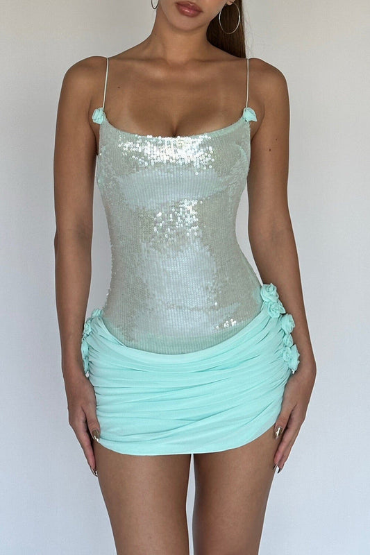 Sequin Patchwork 3D Flower Ruched Slip Mini Dresses - MintGreen - Seldom Seen Styles