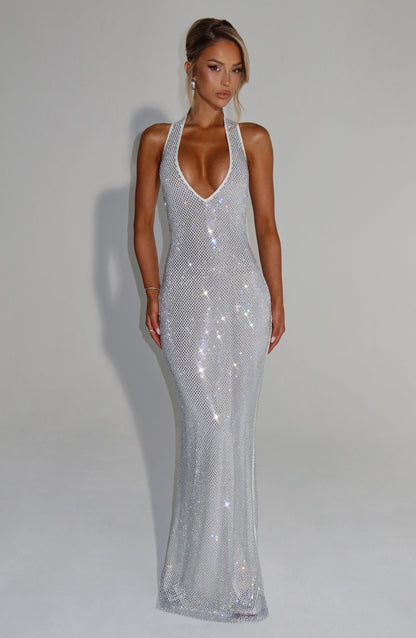 Pailletten-Abschlussballkleider Sexy Neckholder V-Ausschnitt Party Club Maxi-Kleider Enganliegend Meerjungfrau Semi-formelles Abendkleid