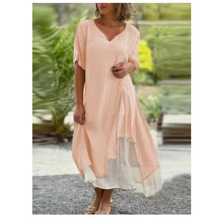 Serena | Women's Layered Midi Dress Short Sleeve V-Neck - Seldom Seen Styles