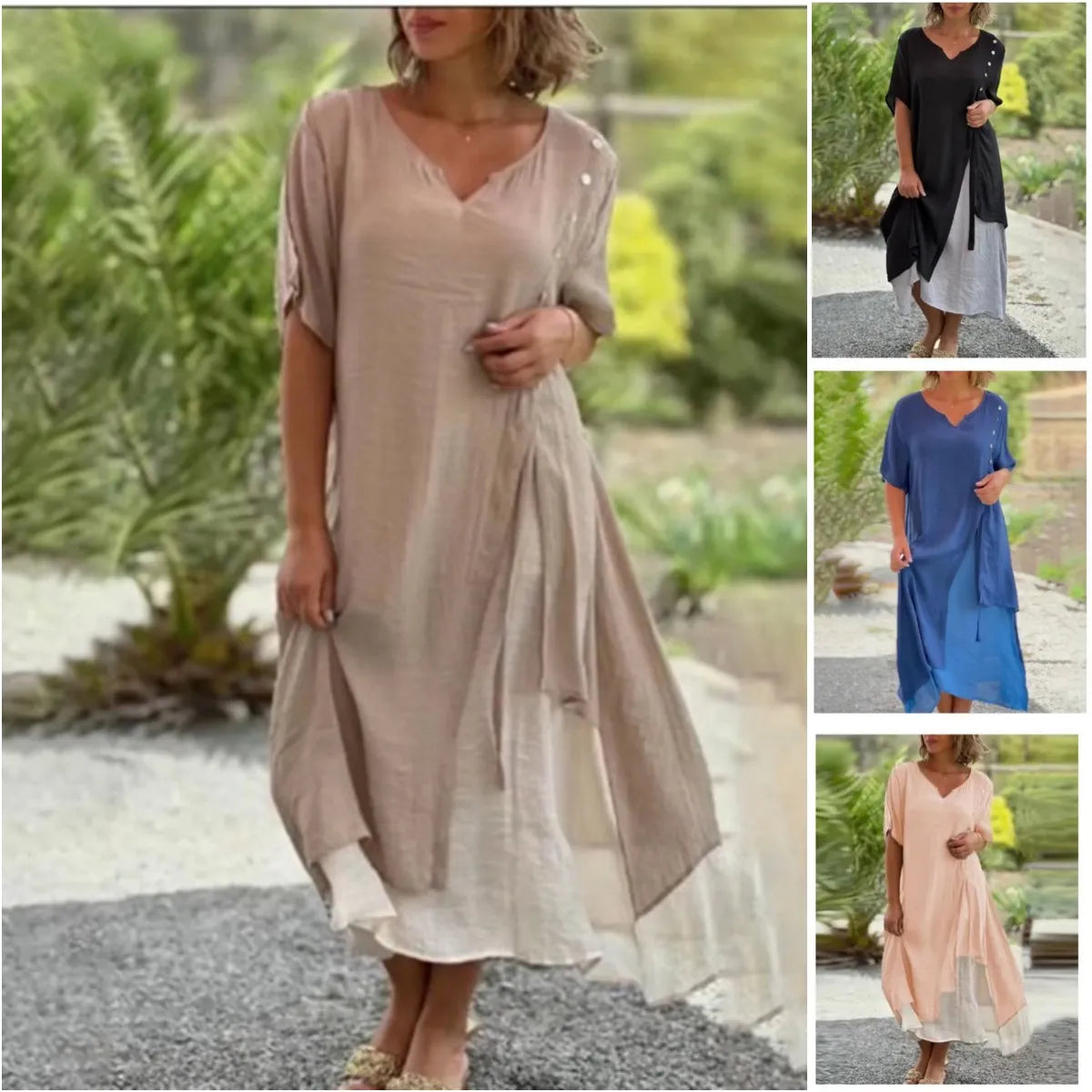 Serena | Women's Layered Midi Dress Short Sleeve V-Neck - Seldom Seen Styles
