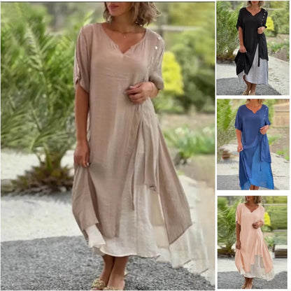 Serena | Women's Layered Midi Dress Short Sleeve V-Neck