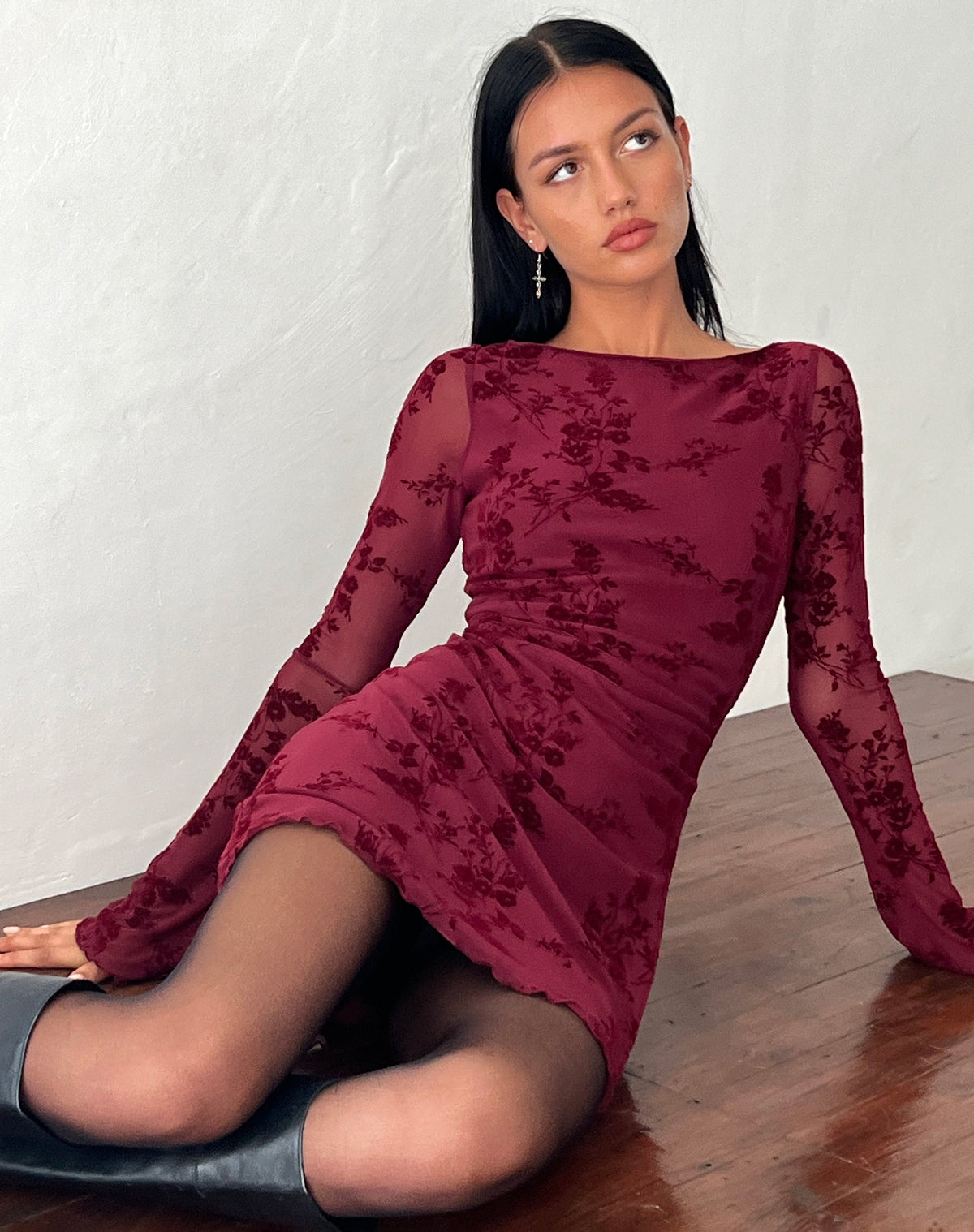 Sevila Long Sleeve Mini Dress in Flocked Botanical Flower Maroon - Seldom Seen Styles