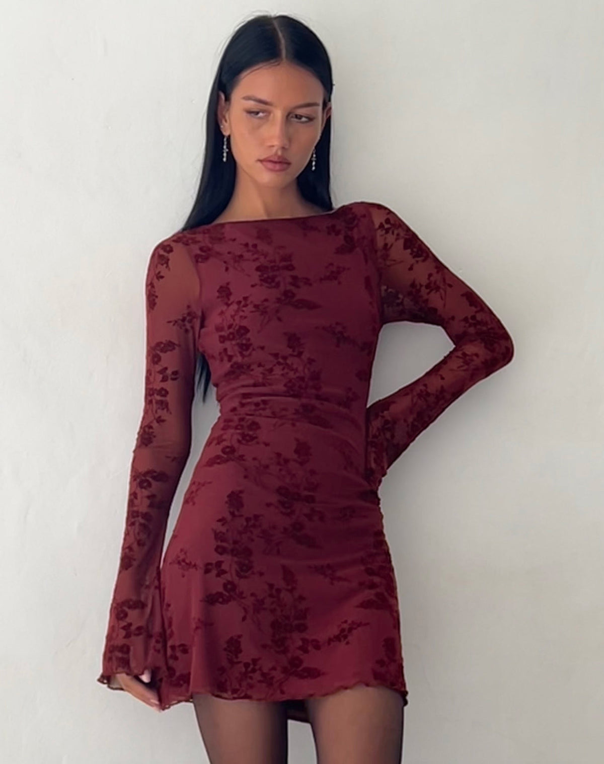 Sevila Long Sleeve Mini Dress in Flocked Botanical Flower Maroon - Seldom Seen Styles