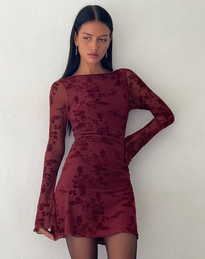 Mini-robe à manches longues Sevila en velours fleuri bordeaux