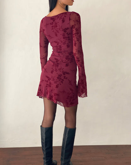 Mini-robe à manches longues Sevila en velours fleuri bordeaux