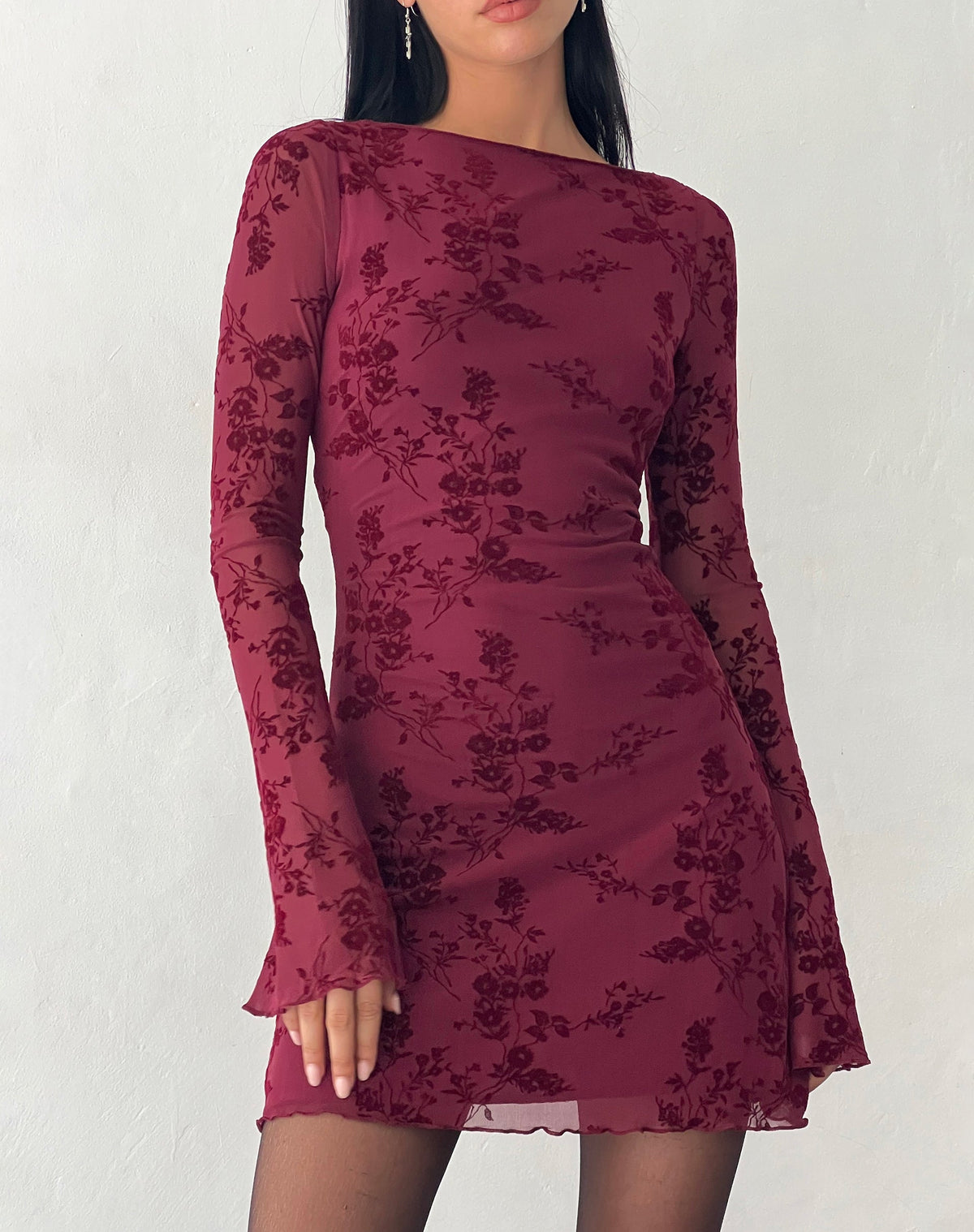 Sevila Long Sleeve Mini Dress in Flocked Botanical Flower Maroon - Seldom Seen Styles