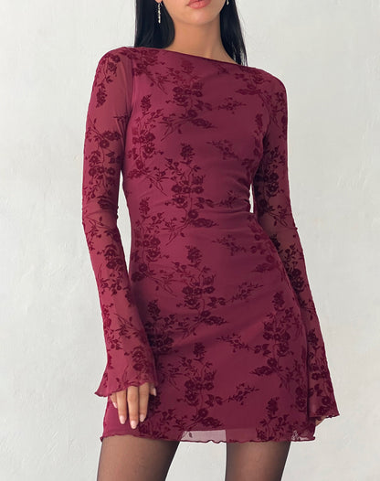 Mini-robe à manches longues Sevila en velours fleuri bordeaux