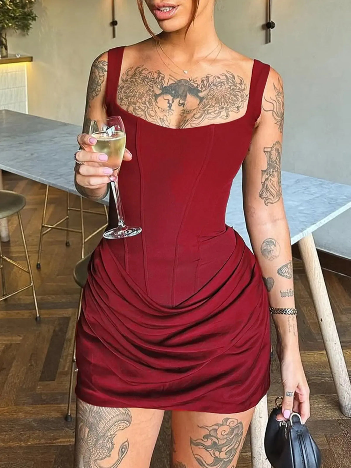 Sexy Bodycon Ruched Drawstring Sleeveless Solid Mini Corset Dress for Women, Womenswear Feminine, Night Out Club Wear Formal Party Dress - Seldom Seen Styles