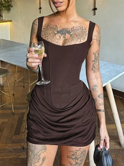 Sexy Bodycon Ruched Drawstring Sleeveless Solid Mini Corset Dress for Women, Womenswear Feminine, Night Out Club Wear Formal Party Dress