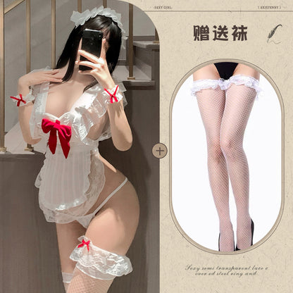 Sexy Lingerie New Hollow Lace Ruffle Small Chest Nightdress Maid Uniform Kitchen Maid Apron - Seldom Seen Styles