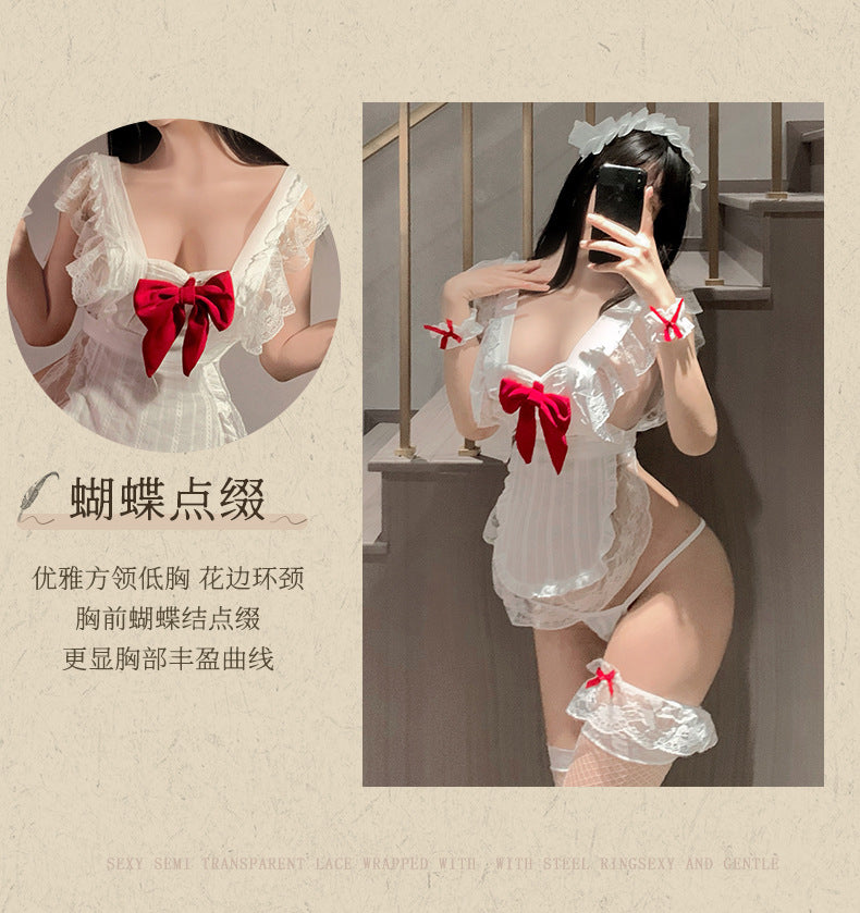 Sexy Lingerie New Hollow Lace Ruffle Small Chest Nightdress Maid Uniform Kitchen Maid Apron - Seldom Seen Styles