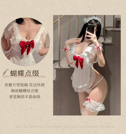 Sexy Lingerie New Hollow Lace Ruffle Small Chest Nightdress Maid Uniform Kitchen Maid Apron - Seldom Seen Styles