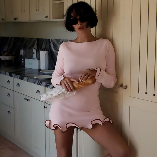 Sexy tight short skirt ruffle edge dress crimped knitted skirt long sleeve solid color women's summer dress - Seldom Seen Styles