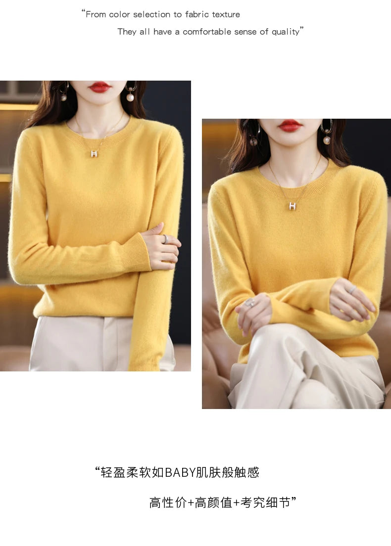 Women's 100% Pure Wool Cashmere Sweater O-Neck Pullover Knitted Casual Sweater Winter New  Long-Sleeved Warm High-Grade Jumper