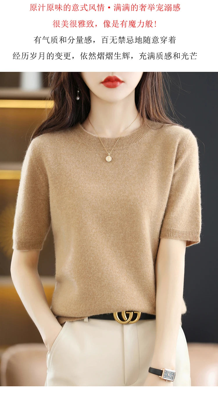 Spring and Summer New Short-sleeved Women O-neck Slim Wool Cotton Blend Pullover Vest T-shirt Knitted Base Sweater