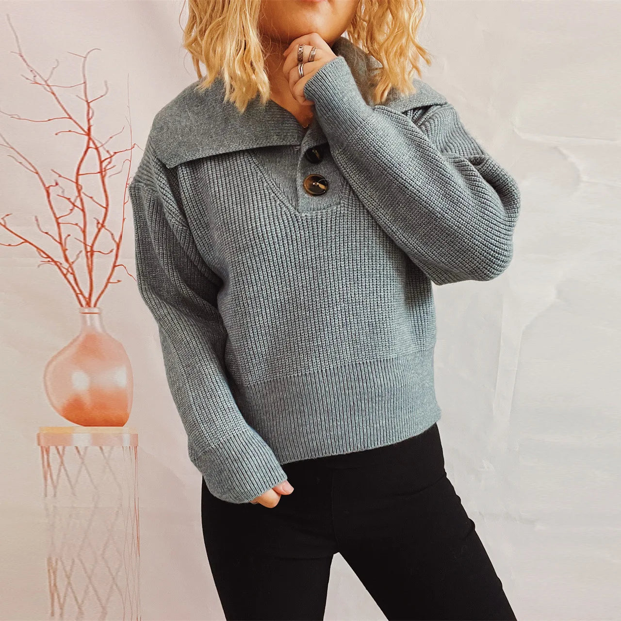 2023 Autumn/Winter New Office Simple Polo Solid Color Top Knitted Pullover Sweater For Women