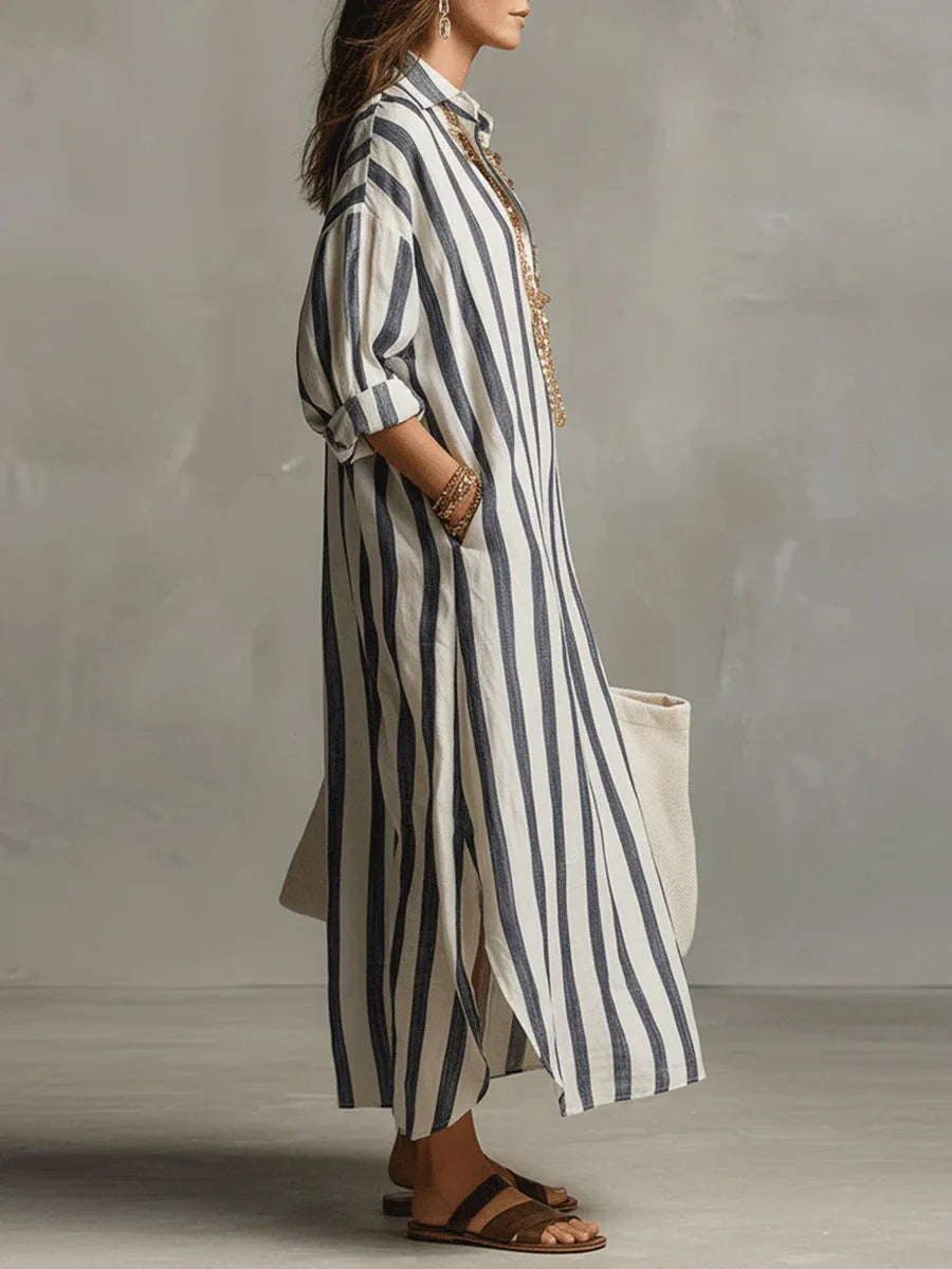 Amaris Loose Linen Cotton Striped Maxi Dress - Casual 3/4 Sleeve Shirt Dress - Seldom Seen Styles