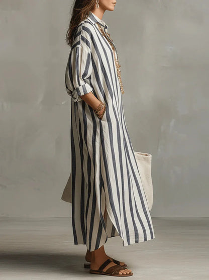 Amaris Loose Linen Cotton Striped Maxi Dress - Casual 3/4 Sleeve Shirt Dress