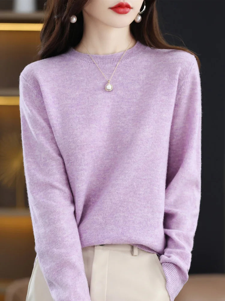 Fashion 100% Merino Wool Sweater Cashmere Pullover O-Neck Long Sleeve Women Knitwear Autumn Winter Clothing Aliselect Tops