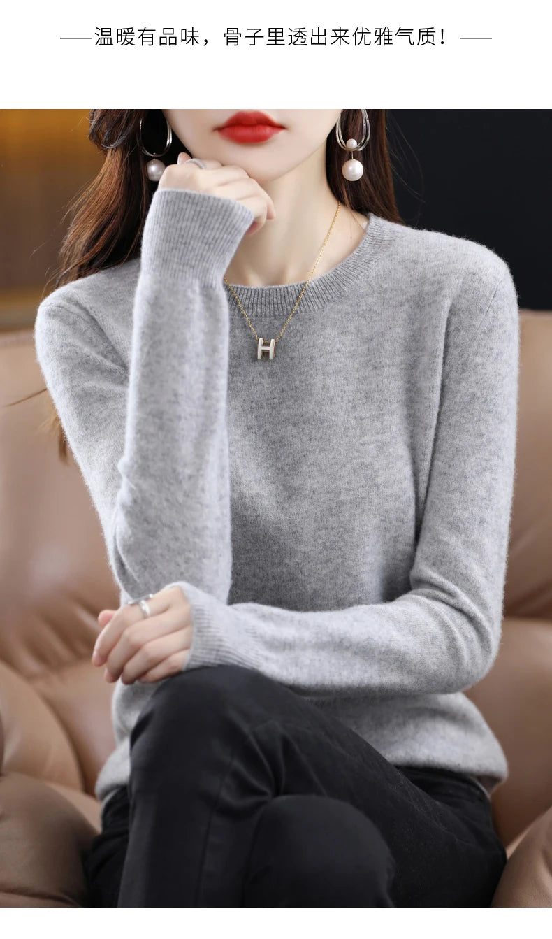 Women's 100% Pure Wool Cashmere Sweater O-Neck Pullover Knitted Casual Sweater Winter New  Long-Sleeved Warm High-Grade Jumper