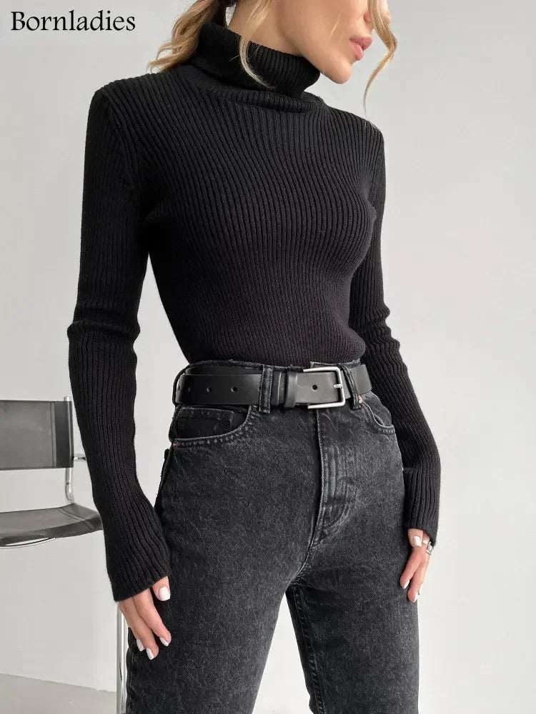 Bornladies Basic Turtleneck Dam Tröjor Höst Vinter Toppar Slim Dam Pullover Stickad Tröja Jumper Soft Warm Pull