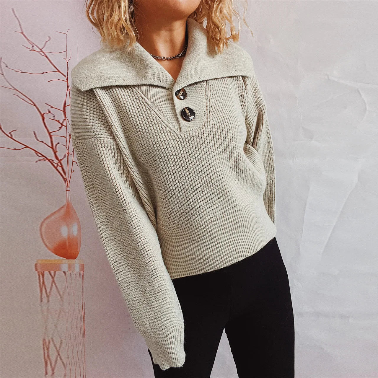 2023 Autumn/Winter New Office Simple Polo Solid Color Top Knitted Pullover Sweater For Women