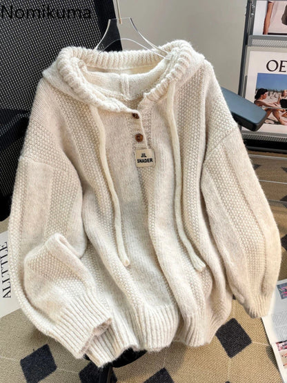 Preppy Style Korean Sweater Women Thicked Casual Sueter Mujer Hooded Drawstring Jumper Fashion Knit Pullovers Tops Pull Femme