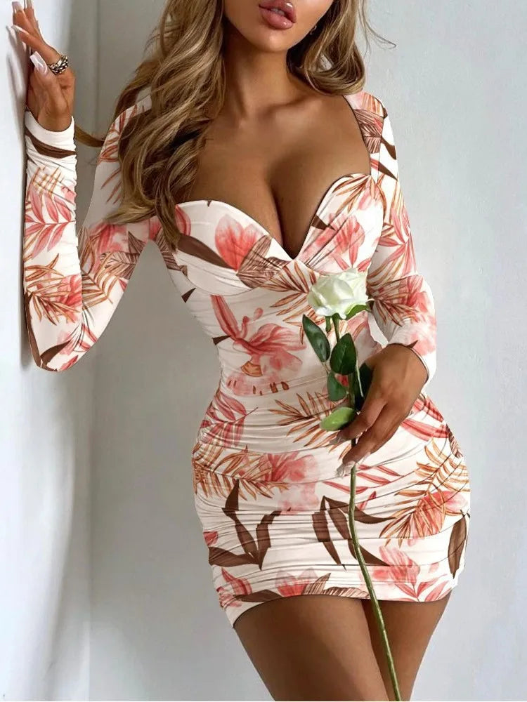 Printed Mini DressWomen's Floral Bodycon Mini Dress Long Sleeve Sexy Deep V Party Club Dress - Seldom Seen Styles